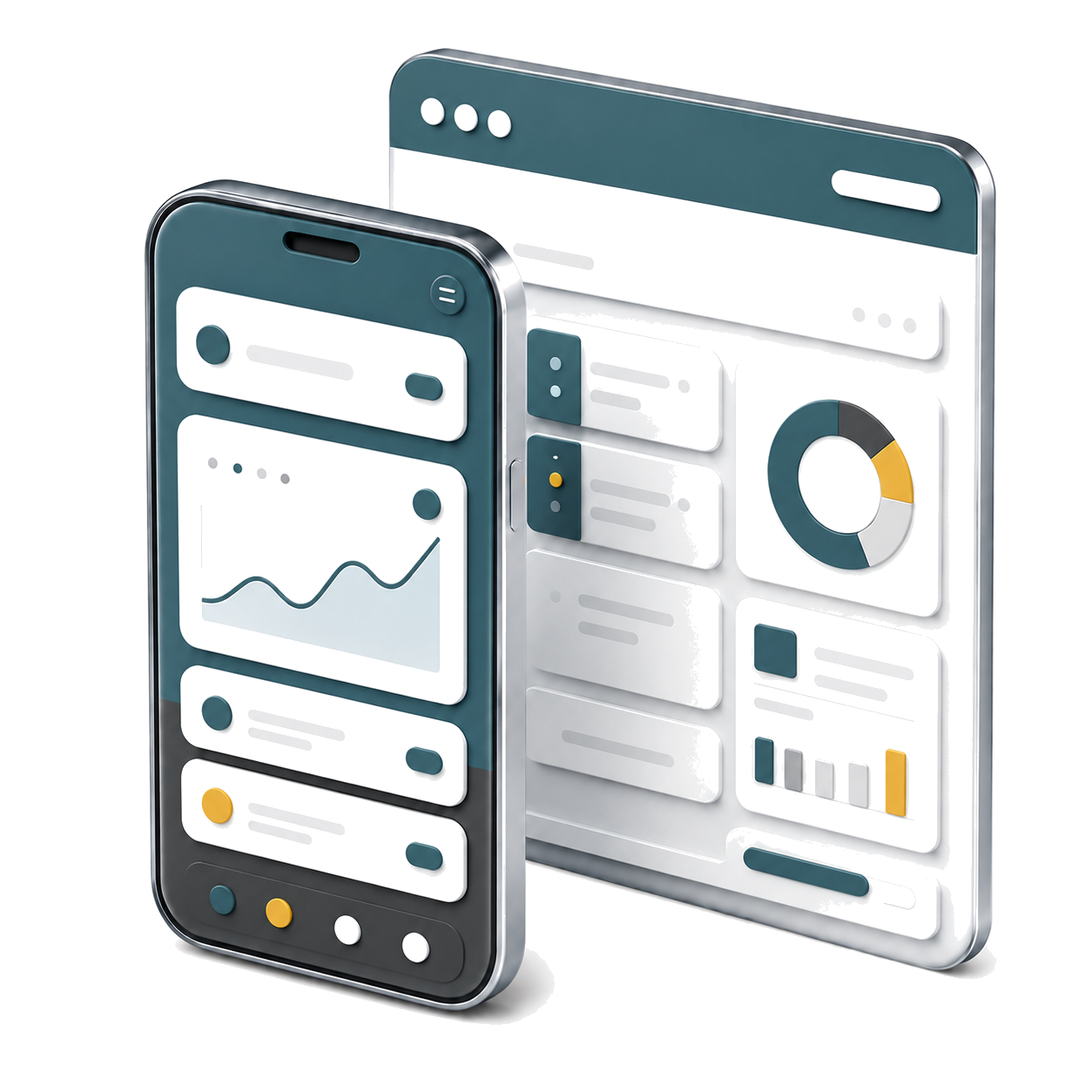 Liquid-glass mobile and web banking interfaces representing customer and operator experiences.